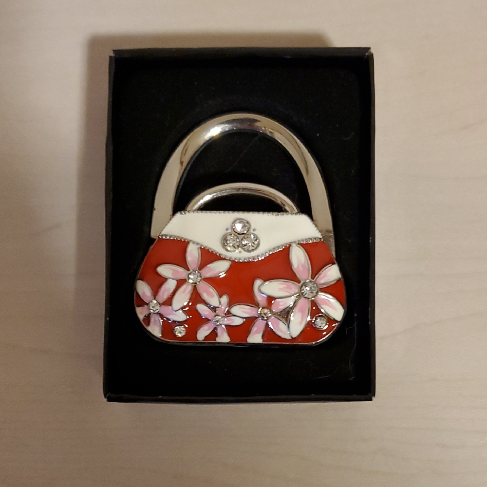 Enamel, Metallic Purse Holder shaped as a Red Purse with Pink Flowers - Picture 1 of 3